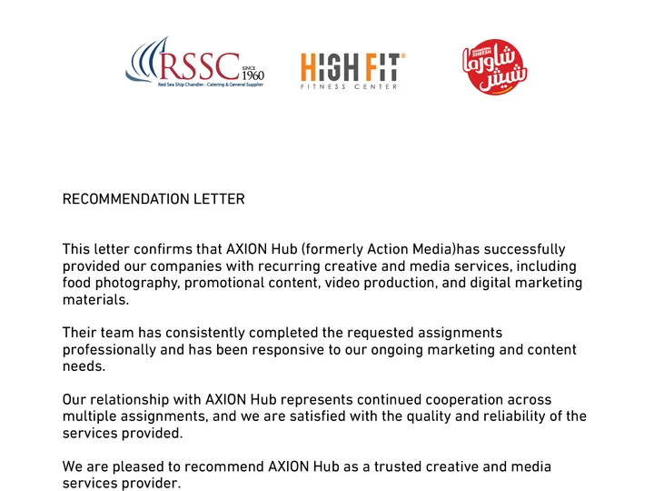 Recommendation from RSSC, High Fit and Shawarma Shish